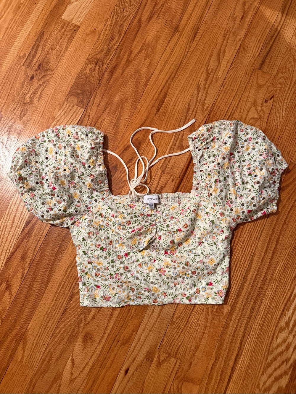 Lucy Paris Cream Floral Puff-Sleeve Crop Top with Multicolor Print